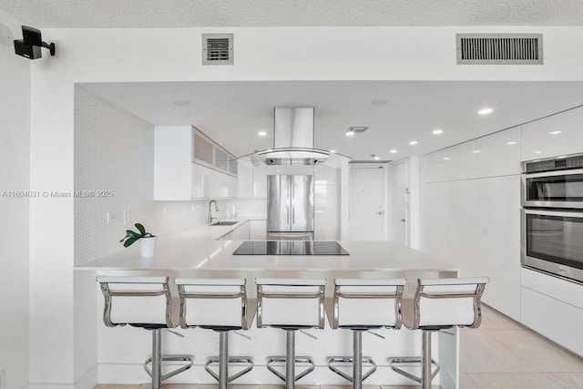 20355 NE 34th Ct Unit 929, Aventura, FL 33180 - kitchen featuring modern cabinets, a peninsula, island range hood, a sink, and a kitchen breakfast bar