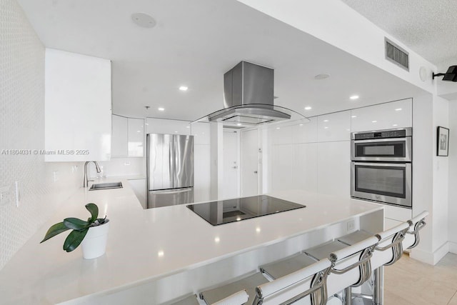 20355 NE 34th Ct Unit 929, Aventura, FL 33180 - kitchen with modern cabinets, appliances with stainless steel finishes, island exhaust hood, a sink, and recessed lighting