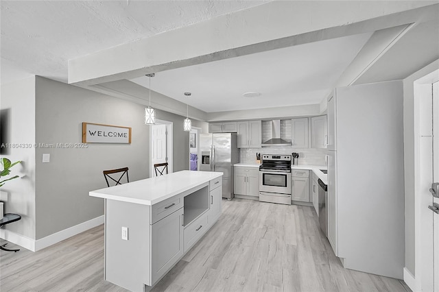 1950 NE 55th Ct, Fort Lauderdale, FL 33308 - kitchen featuring appliances with stainless steel finishes, wall chimney exhaust hood, gray cabinets, and light wood-style flooring
