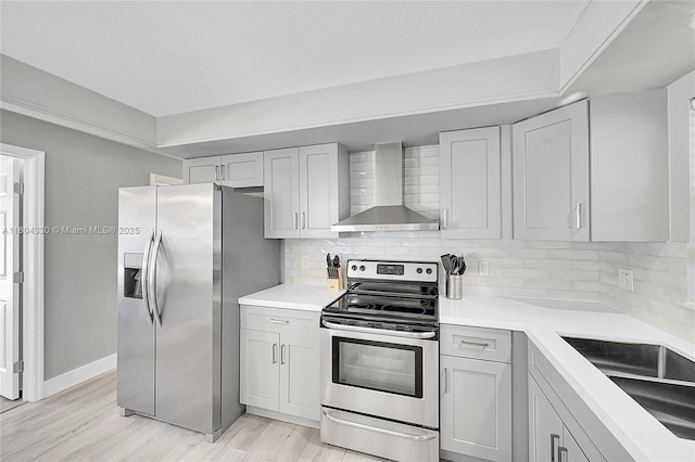 1950 NE 55th Ct, Fort Lauderdale, FL 33308 - kitchen featuring wall chimney exhaust hood, appliances with stainless steel finishes, tasteful backsplash, light countertops, and light wood finished floors