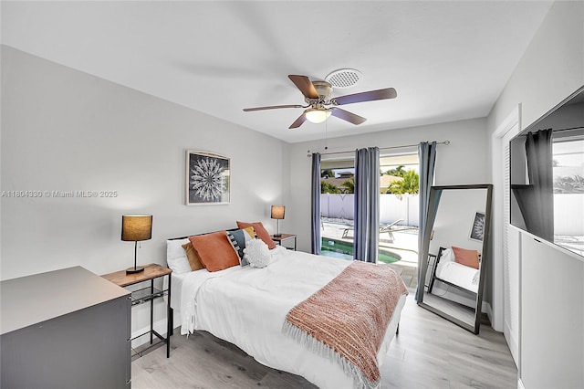 1950 NE 55th Ct, Fort Lauderdale, FL 33308 - bedroom featuring light wood-type flooring, access to exterior, and ceiling fan
