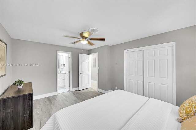 1950 NE 55th Ct, Fort Lauderdale, FL 33308 - bedroom with baseboards, a closet, wood finished floors, ceiling fan, and connected bathroom