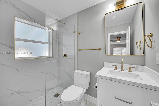 1950 NE 55th Ct, Fort Lauderdale, FL 33308 - bathroom featuring a marble finish shower, a ceiling fan, toilet, and vanity