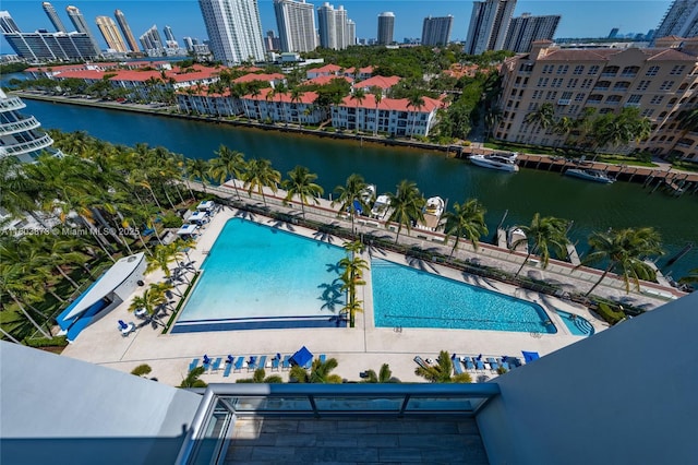 2950 NE 188th St Unit 540, Aventura, FL 33180 - drone / aerial view of a large body of water, a pool, and a skyline view