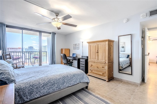 2017 S Ocean Dr Unit 1404, Hallandale Beach, FL 33009 - bedroom with access to outside, a ceiling fan, an office area, light tile patterned floors, and baseboards