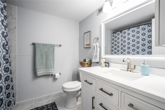 2017 S Ocean Dr Unit 1404, Hallandale Beach, FL 33009 - bathroom featuring marble finish flooring, vanity, baseboards, toilet, and a shower with shower curtain