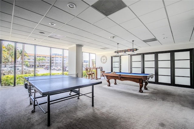 2017 S Ocean Dr Unit 1404, Hallandale Beach, FL 33009 - playroom with carpet, billiards table, floor to ceiling windows, and a paneled ceiling