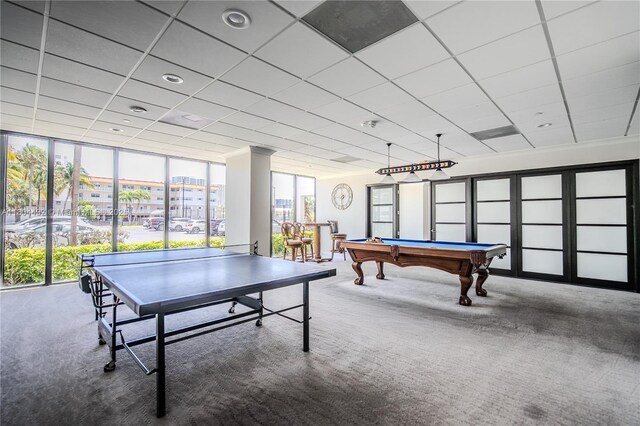 2017 S Ocean Dr Unit 1404, Hallandale Beach, FL 33009 - rec room featuring carpet flooring, billiards table, floor to ceiling windows, and a drop ceiling