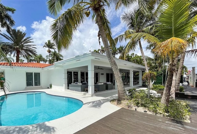 2341 Keystone, North Miami, FL 33181 - outdoor pool featuring an outdoor living space, a ceiling fan, and a patio
