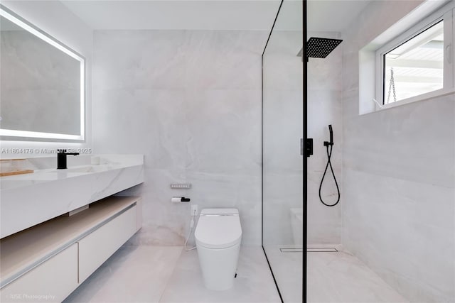 7843 SW 166th St, Palmetto Bay, FL 33157 - bathroom with tile walls, a shower, toilet, vanity, and tile patterned floors
