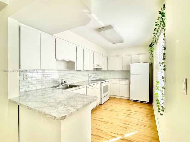 1051 Meridian Ave Unit 1D, Miami Beach, FL 33139 - kitchen featuring white appliances, a sink, under cabinet range hood, a peninsula, and tasteful backsplash