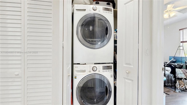 2250 NE 42nd Cir, Homestead, FL 33033 - washroom featuring stacked washer / dryer, wood finished floors, and a ceiling fan