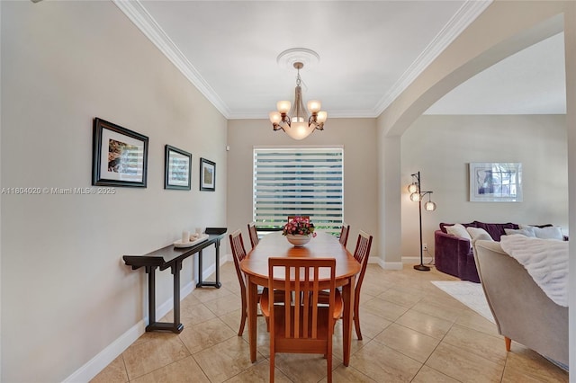 4470 E Seneca Ave, Weston, FL 33332 - dining room with ornamental molding, arched walkways, a chandelier, and light tile patterned floors