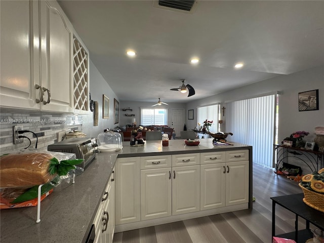 14367 SW 96th Ln, Miami, FL 33186 - kitchen featuring a peninsula, ceiling fan, white cabinets, recessed lighting, and light wood finished floors