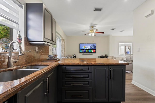922 SW 148th Pl, Miami, FL 33194 - kitchen featuring a peninsula, a sink, backsplash, wood finished floors, and ceiling fan