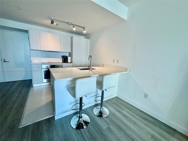 501 NE 31st St Unit 2903, Miami, FL 33137 - kitchen with a sink, stainless steel oven, a peninsula, and wood finished floors