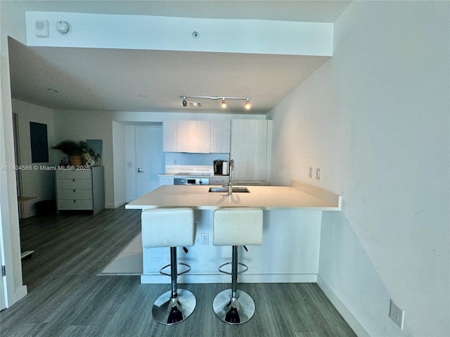 501 NE 31st St Unit 2903, Miami, FL 33137 - kitchen featuring a peninsula, light countertops, dark wood-style flooring, a sink, and baseboards
