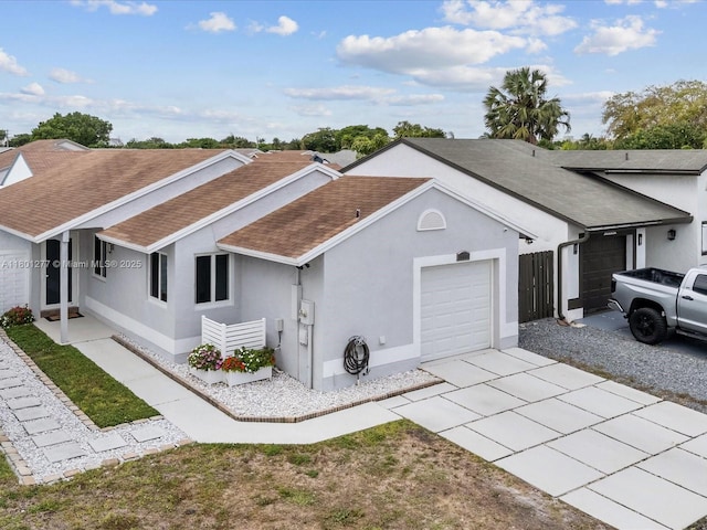 view of front of house with a shingled roof, an attached garage, concrete driveway, and stucco siding