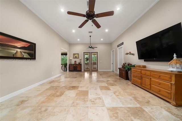 3324 Miller Ave, Lake Placid, FL 33852 - living room featuring a ceiling fan, crown molding, baseboards, recessed lighting, and french doors
