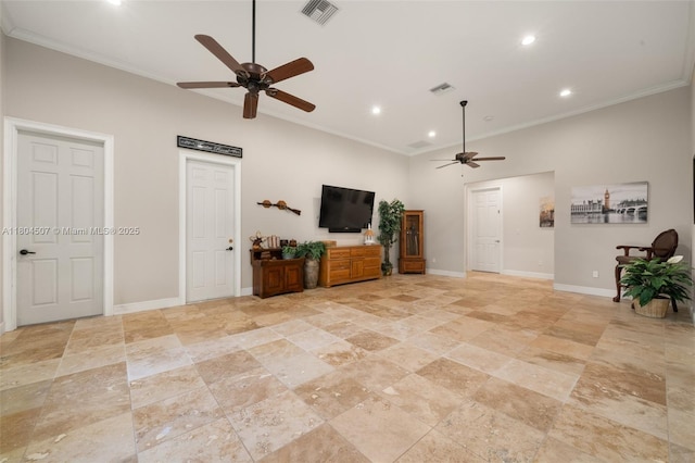 3324 Miller Ave, Lake Placid, FL 33852 - living area with ceiling fan, baseboards, ornamental molding, recessed lighting, and stone tile flooring