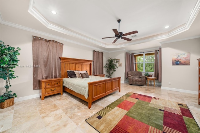 3324 Miller Ave, Lake Placid, FL 33852 - bedroom with a tray ceiling, crown molding, baseboards, recessed lighting, and ceiling fan