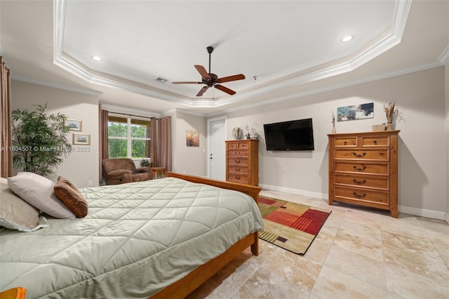 3324 Miller Ave, Lake Placid, FL 33852 - bedroom with a tray ceiling, crown molding, baseboards, recessed lighting, and ceiling fan