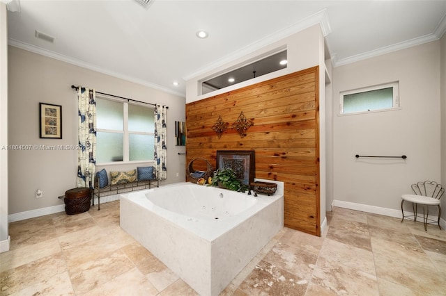 3324 Miller Ave, Lake Placid, FL 33852 - bathroom with crown molding, baseboards, a whirlpool tub, recessed lighting, and a fireplace