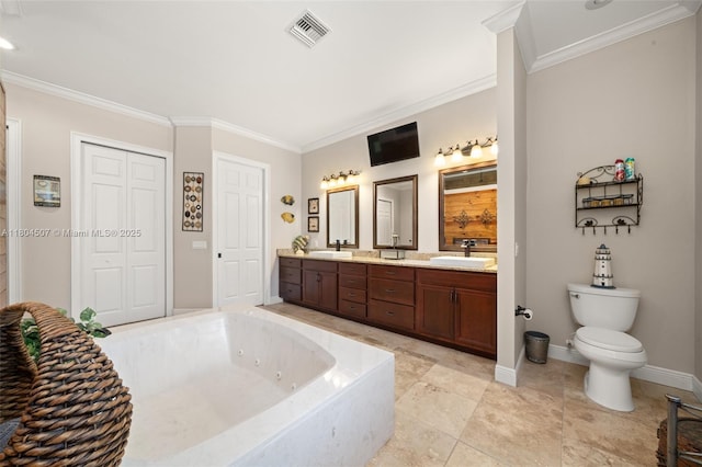 3324 Miller Ave, Lake Placid, FL 33852 - bathroom featuring crown molding, a jetted tub, double vanity, baseboards, and toilet