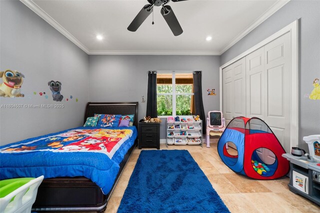 3324 Miller Ave, Lake Placid, FL 33852 - bedroom with ornamental molding, recessed lighting, a closet, and ceiling fan