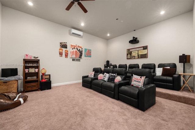 3324 Miller Ave, Lake Placid, FL 33852 - home theater featuring carpet, an AC wall unit, recessed lighting, a ceiling fan, and baseboards