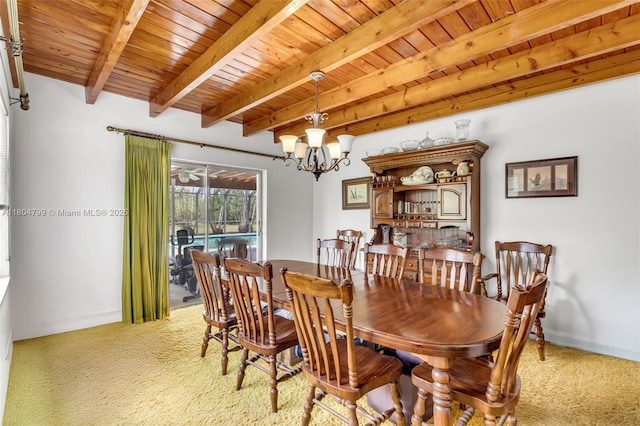 21800 SW 152nd Ave, Miami, FL 33170 - dining area featuring light carpet, wooden ceiling, and beam ceiling