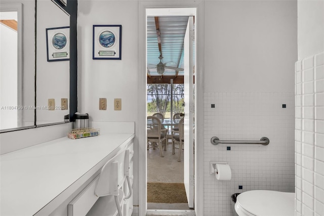 21800 SW 152nd Ave, Miami, FL 33170 - bathroom with a ceiling fan, toilet, tile walls, and vanity