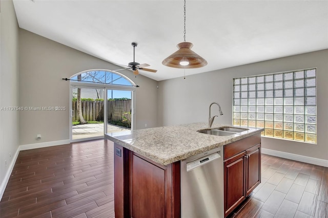 18225 NW 21st St, Pembroke Pines, FL 33029 - kitchen featuring stainless steel dishwasher, a sink, baseboards, wood finish floors, and ceiling fan