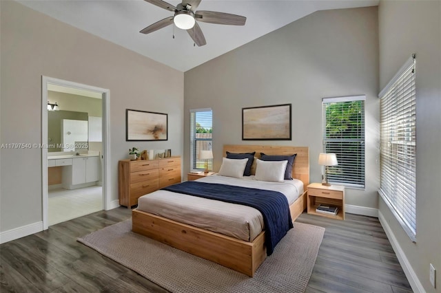 18225 NW 21st St, Pembroke Pines, FL 33029 - bedroom with baseboards, high vaulted ceiling, wood finished floors, ensuite bath, and a ceiling fan