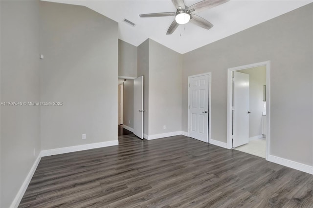 18225 NW 21st St, Pembroke Pines, FL 33029 - unfurnished bedroom with high vaulted ceiling, dark wood finished floors, baseboards, ensuite bath, and a ceiling fan
