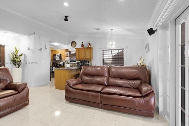 19251 SW 118th Ct, Miami, FL 33177 - living room with crown molding, a chandelier, and lofted ceiling