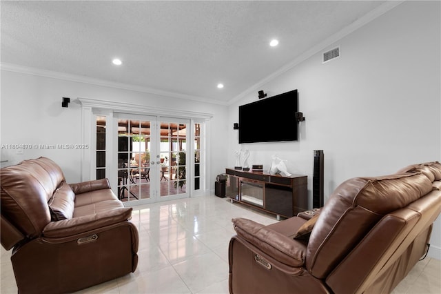 19251 SW 118th Ct, Miami, FL 33177 - living room featuring french doors, crown molding, recessed lighting, lofted ceiling, and a textured ceiling