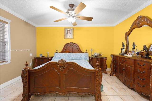 19251 SW 118th Ct, Miami, FL 33177 - bedroom with a textured ceiling, crown molding, a ceiling fan, light tile patterned floors, and baseboards
