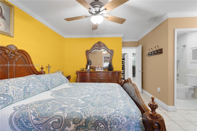 19251 SW 118th Ct, Miami, FL 33177 - bedroom featuring tile patterned floors, a textured ceiling, baseboards, crown molding, and a ceiling fan