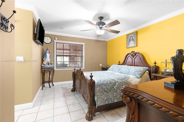 19251 SW 118th Ct, Miami, FL 33177 - bedroom with crown molding, light tile patterned flooring, a textured ceiling, and ceiling fan