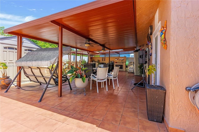 19251 SW 118th Ct, Miami, FL 33177 - view of patio / terrace featuring outdoor dining space, ceiling fan, a storage shed, and an outdoor structure