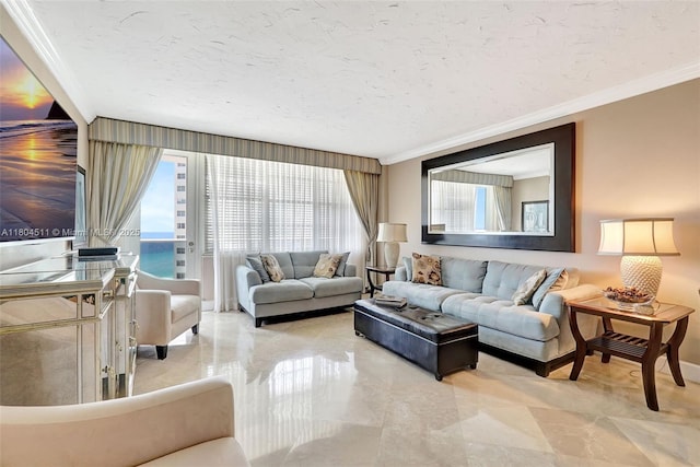 3725 S Ocean Dr Unit 1014, Hollywood, FL 33019 - living room with ornamental molding, a textured ceiling, and baseboards