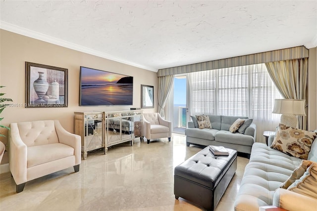 3725 S Ocean Dr Unit 1014, Hollywood, FL 33019 - living area featuring ornamental molding, a textured ceiling, and light marble finish flooring