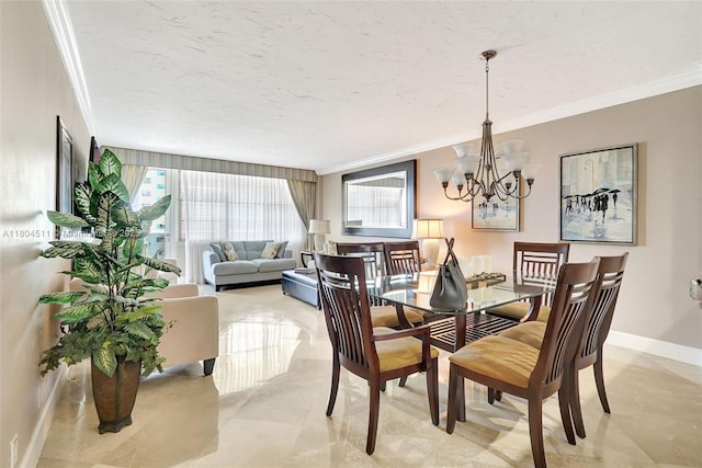 3725 S Ocean Dr Unit 1014, Hollywood, FL 33019 - dining area with ornamental molding, a chandelier, baseboards, and a textured ceiling