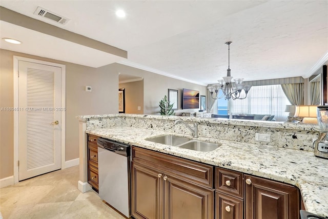3725 S Ocean Dr Unit 1014, Hollywood, FL 33019 - kitchen with dishwasher, a sink, baseboards, a chandelier, and light stone counters