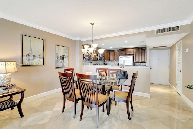 3725 S Ocean Dr Unit 1014, Hollywood, FL 33019 - dining space with a chandelier, crown molding, baseboards, and recessed lighting