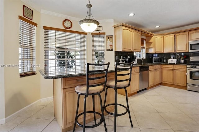 13833 NW 22nd St, Sunrise, FL 33323 - kitchen featuring stainless steel appliances, tasteful backsplash, a breakfast bar area, a sink, and open shelves