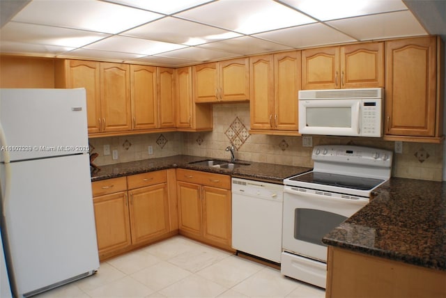 611 N University Dr Unit 3, Plantation, FL 33324 - kitchen with white appliances, a sink, dark stone countertops, tasteful backsplash, and a drop ceiling