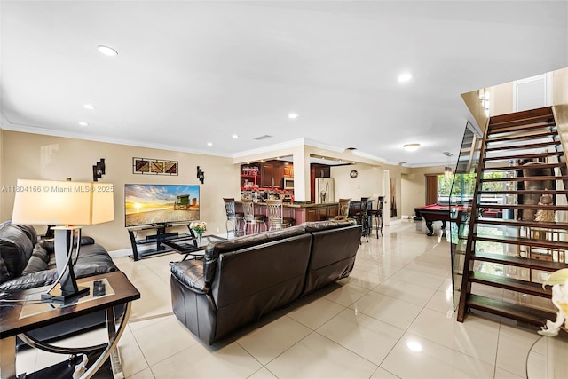 3553 NE 171st St Unit P, North Miami Beach, FL 33160 - living room featuring crown molding, baseboards, recessed lighting, light tile patterned floors, and pool table