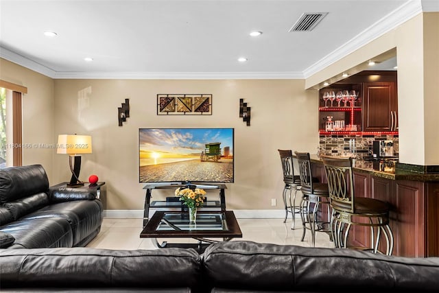 3553 NE 171st St Unit P, North Miami Beach, FL 33160 - living area with wet bar, recessed lighting, ornamental molding, baseboards, and light tile patterned floors